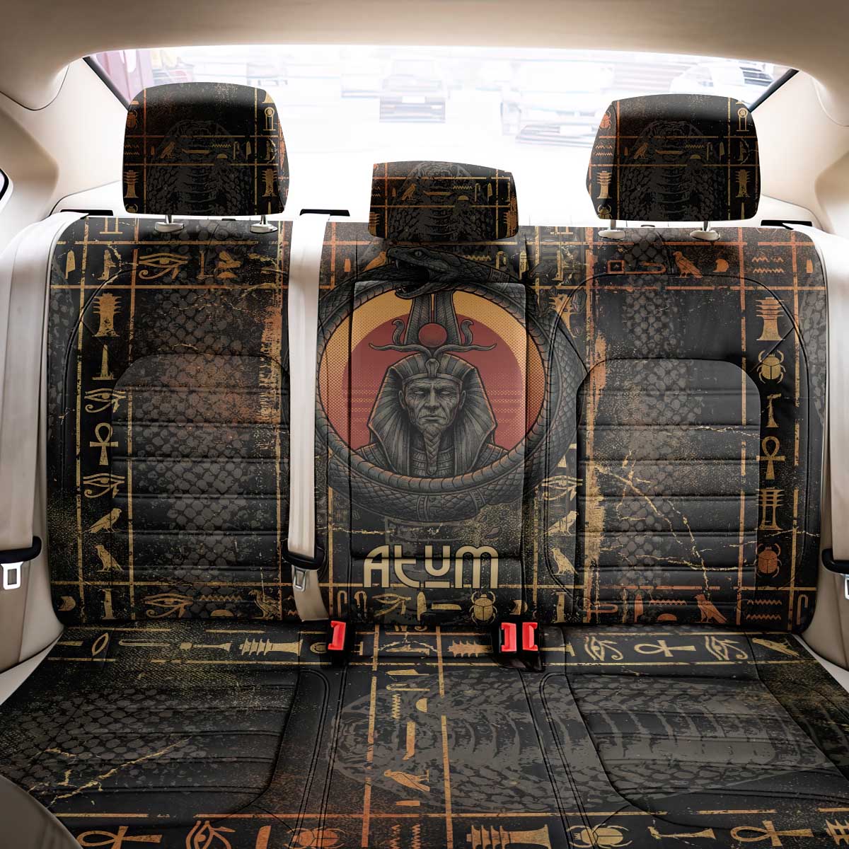 Atum Ancient Egyptian Back Car Seat Cover with Dark Hieroglyph Grid, Ouroboros Serpent Ring and The Final Serpent - Wonder Print Shop