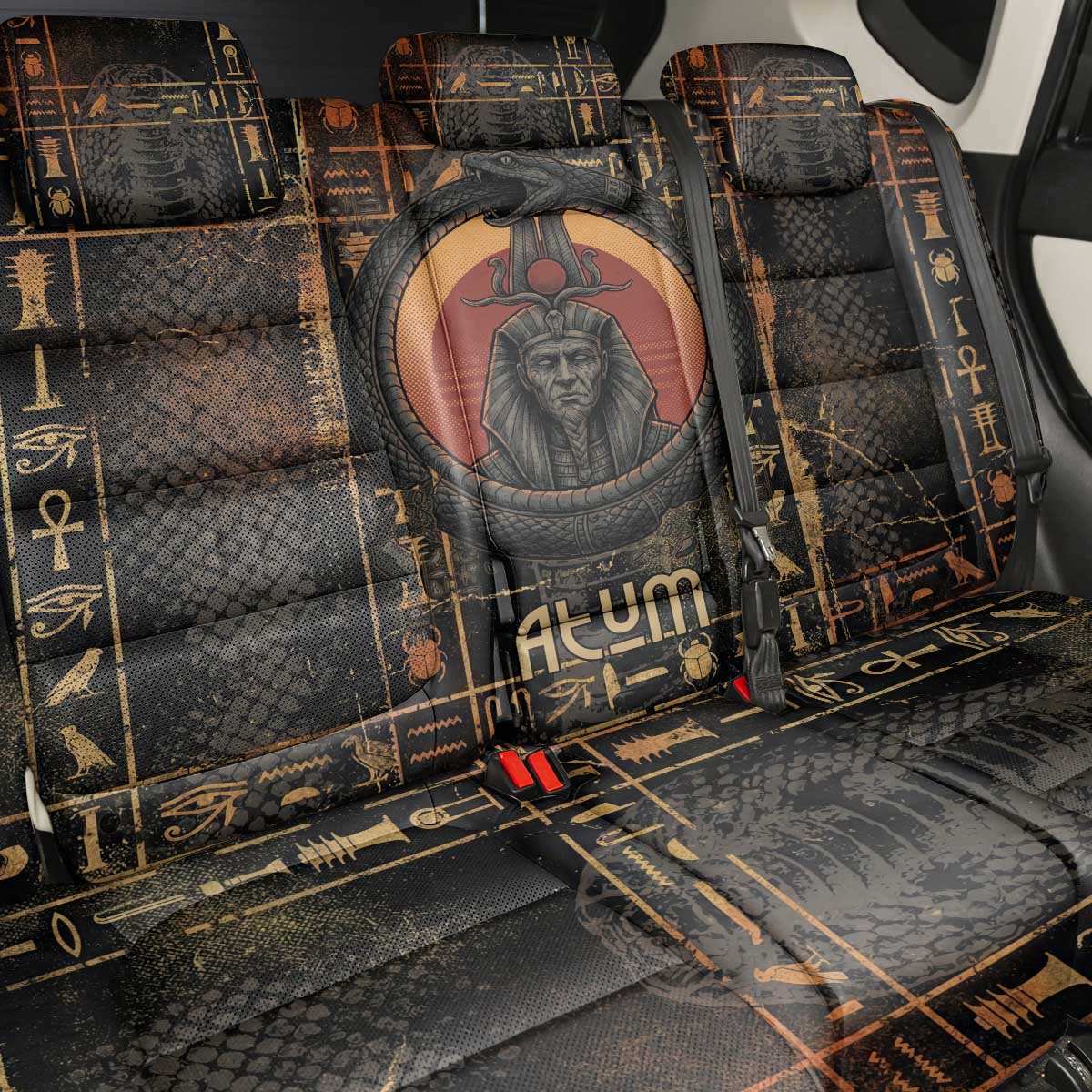 Atum Ancient Egyptian Back Car Seat Cover with Dark Hieroglyph Grid, Ouroboros Serpent Ring and The Final Serpent - Wonder Print Shop