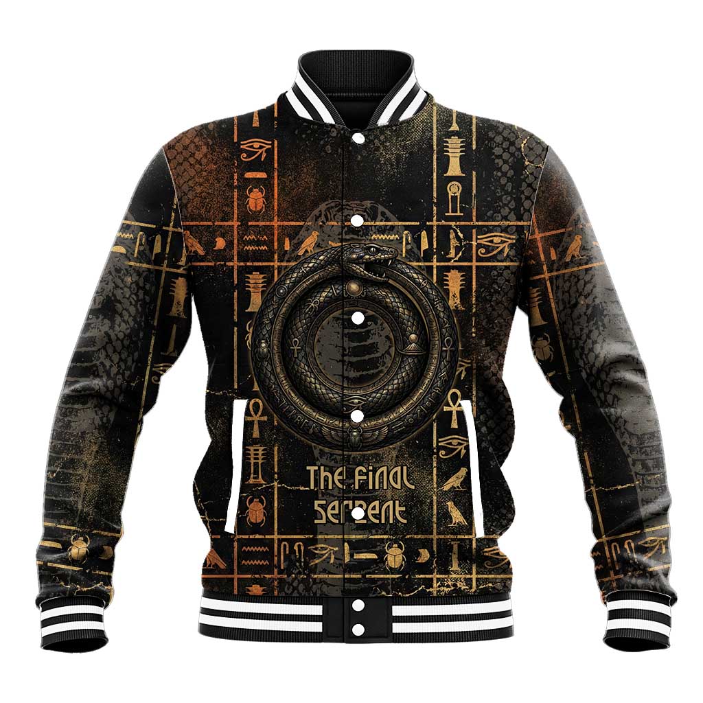 Atum Ancient Egyptian Baseball Jacket with Dark Hieroglyph Grid, Ouroboros Serpent Ring and The Final Serpent - Wonder Print Shop