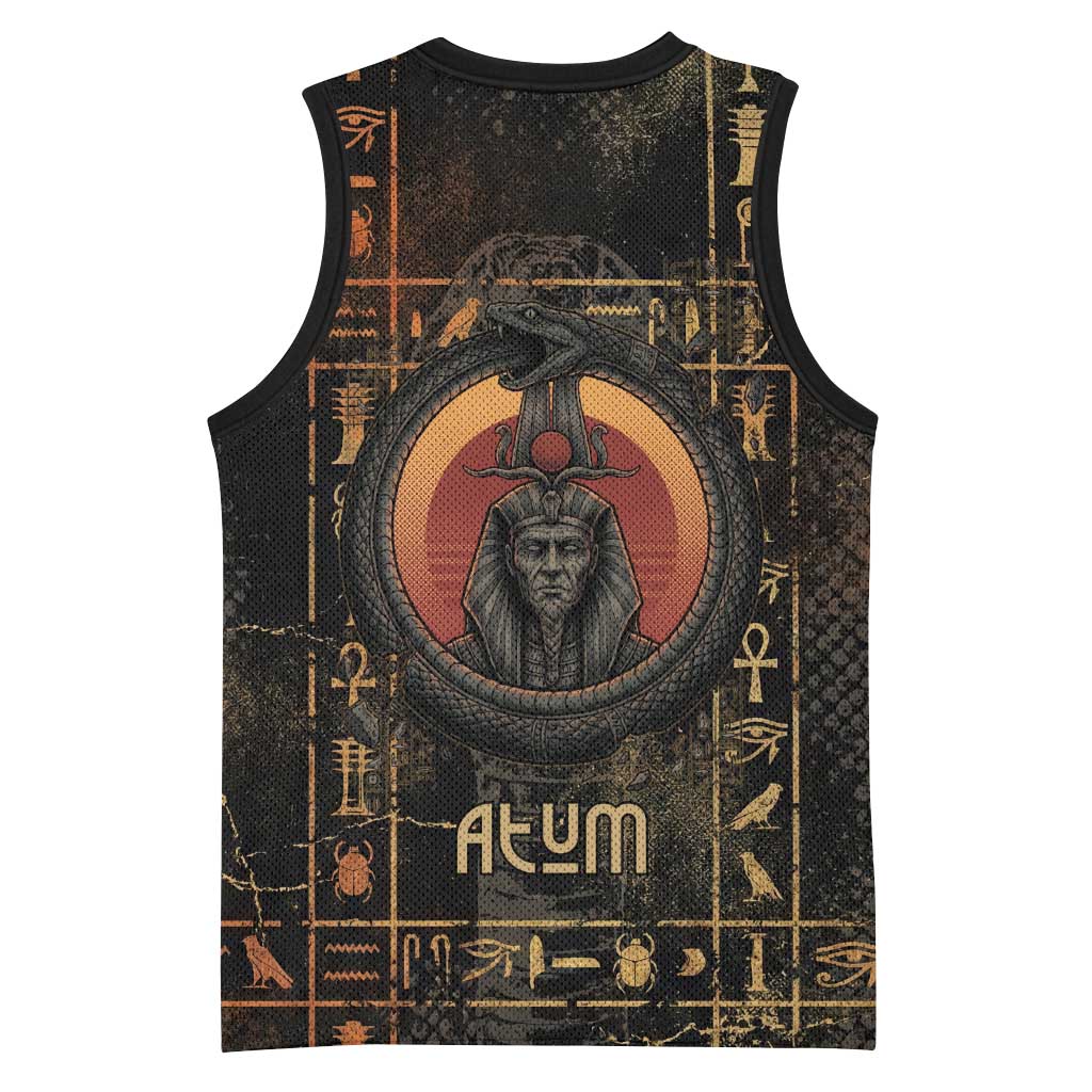 Atum Ancient Egyptian Basketball Jersey with Dark Hieroglyph Grid, Ouroboros Serpent Ring and The Final Serpent - Wonder Print Shop