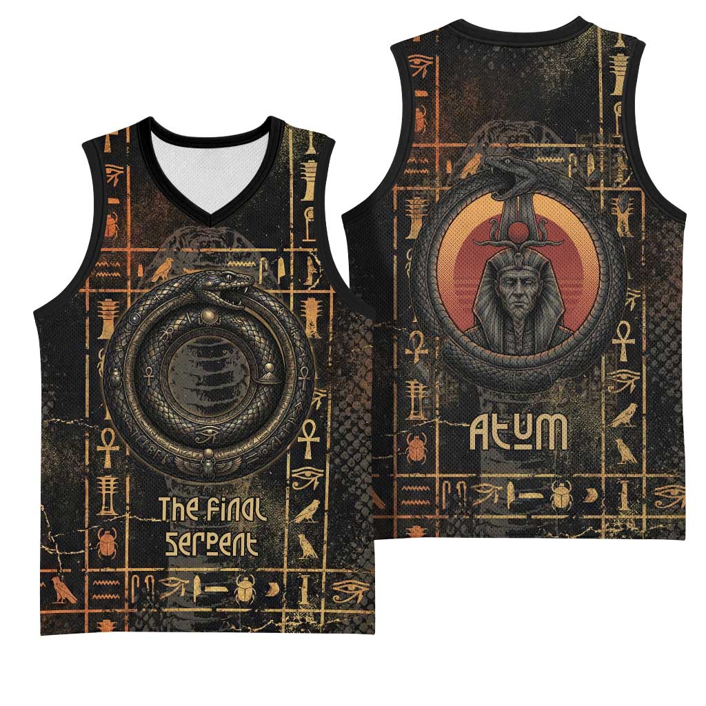Atum Ancient Egyptian Basketball Jersey with Dark Hieroglyph Grid, Ouroboros Serpent Ring and The Final Serpent - Wonder Print Shop
