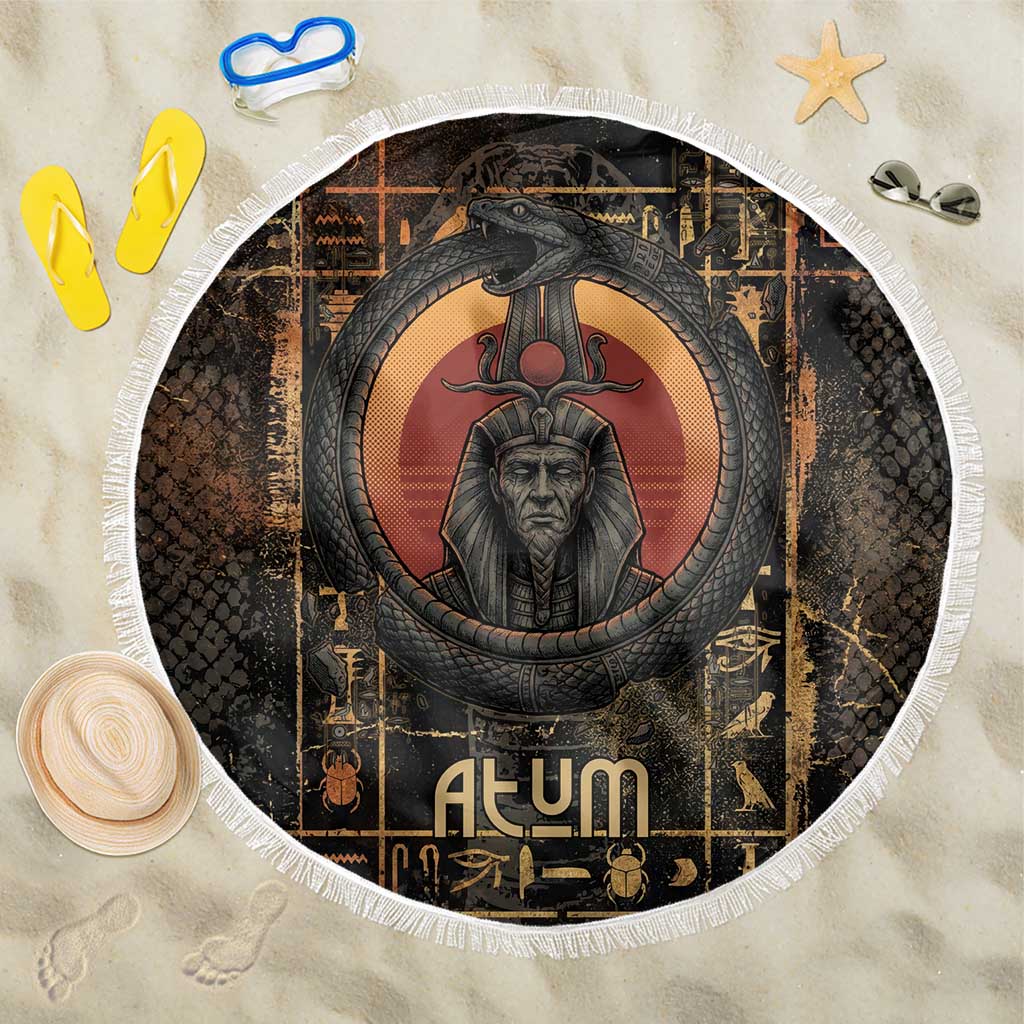 Atum Ancient Egyptian Beach Blanket with Dark Hieroglyph Grid, Ouroboros Serpent Ring and The Final Serpent - Wonder Print Shop