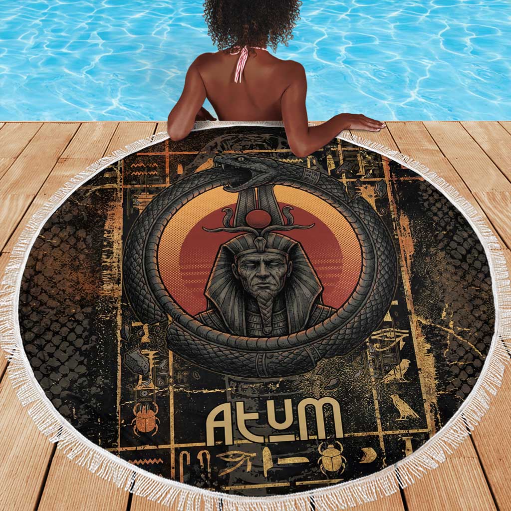 Atum Ancient Egyptian Beach Blanket with Dark Hieroglyph Grid, Ouroboros Serpent Ring and The Final Serpent - Wonder Print Shop
