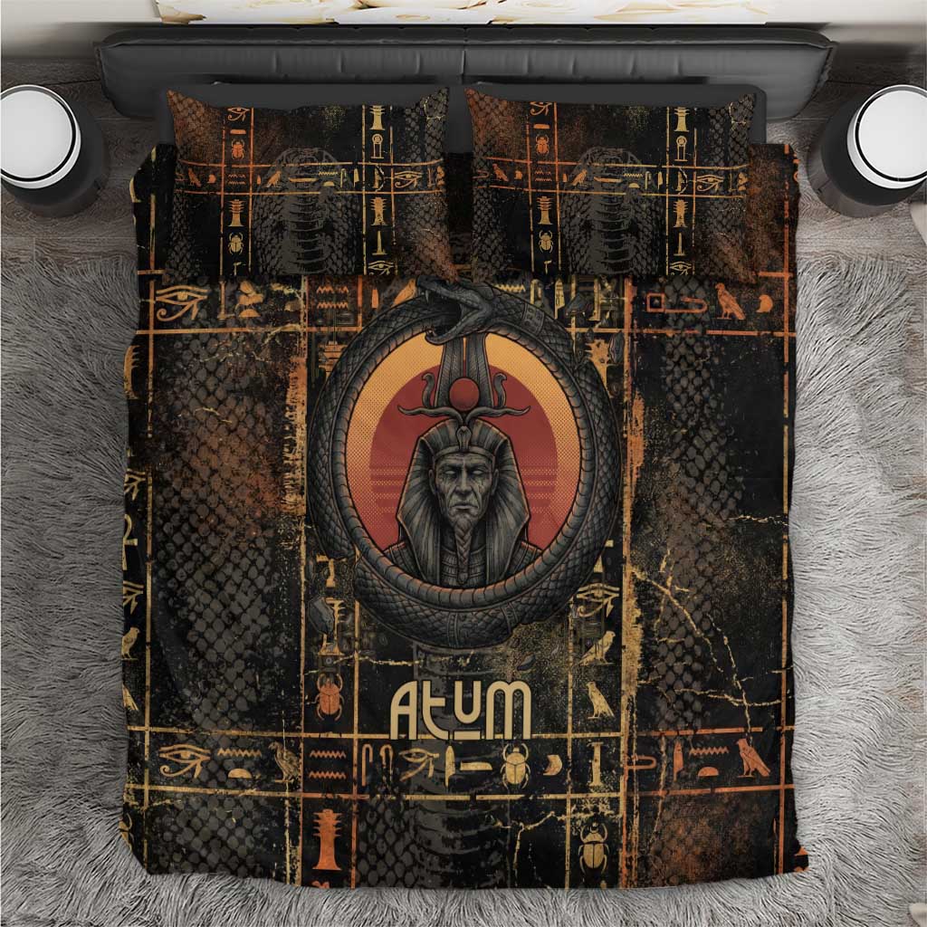 Atum Ancient Egyptian Bedding Set with Dark Hieroglyph Grid, Ouroboros Serpent Ring and The Final Serpent - Wonder Print Shop