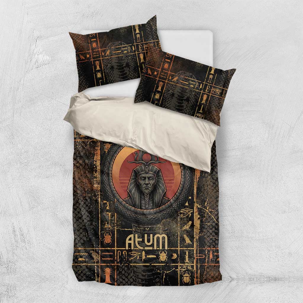 Atum Ancient Egyptian Bedding Set with Dark Hieroglyph Grid, Ouroboros Serpent Ring and The Final Serpent - Wonder Print Shop