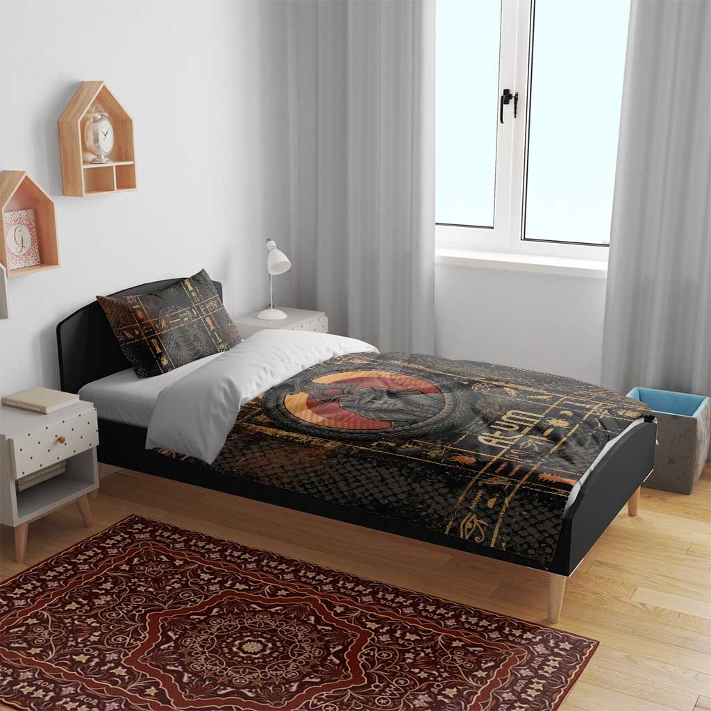 Atum Ancient Egyptian Bedding Set with Dark Hieroglyph Grid, Ouroboros Serpent Ring and The Final Serpent - Wonder Print Shop