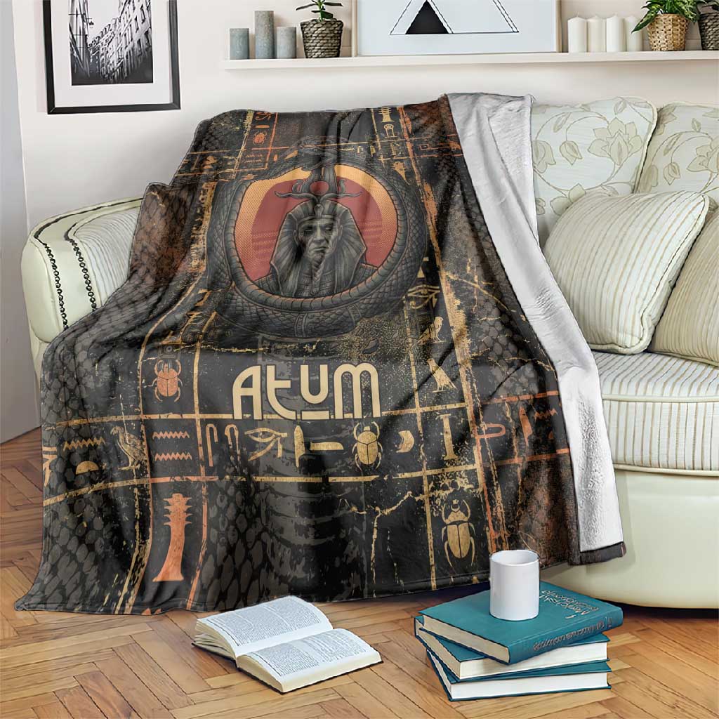 Atum Ancient Egyptian Blanket with Dark Hieroglyph Grid, Ouroboros Serpent Ring and The Final Serpent - Wonder Print Shop