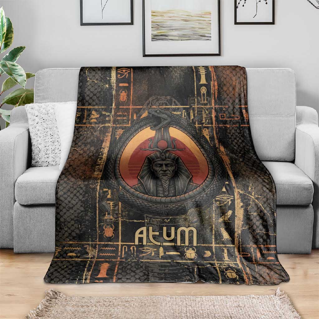Atum Ancient Egyptian Blanket with Dark Hieroglyph Grid, Ouroboros Serpent Ring and The Final Serpent - Wonder Print Shop