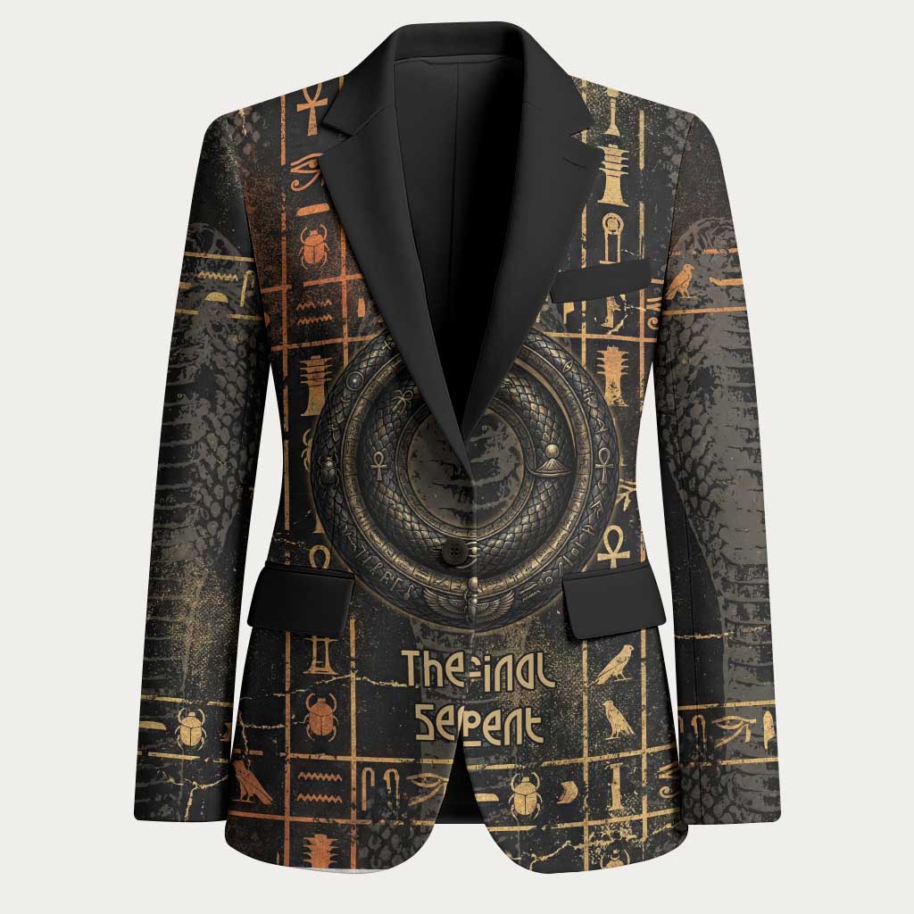 Atum Ancient Egyptian Blazer with Dark Hieroglyph Grid, Ouroboros Serpent Ring and The Final Serpent - Wonder Print Shop