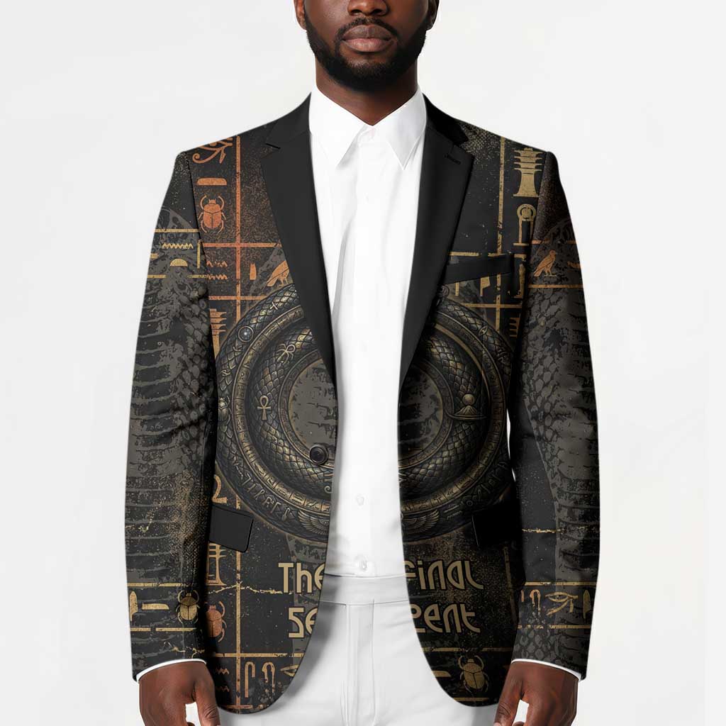 Atum Ancient Egyptian Blazer with Dark Hieroglyph Grid, Ouroboros Serpent Ring and The Final Serpent - Wonder Print Shop