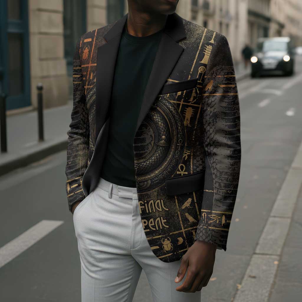Atum Ancient Egyptian Blazer with Dark Hieroglyph Grid, Ouroboros Serpent Ring and The Final Serpent - Wonder Print Shop