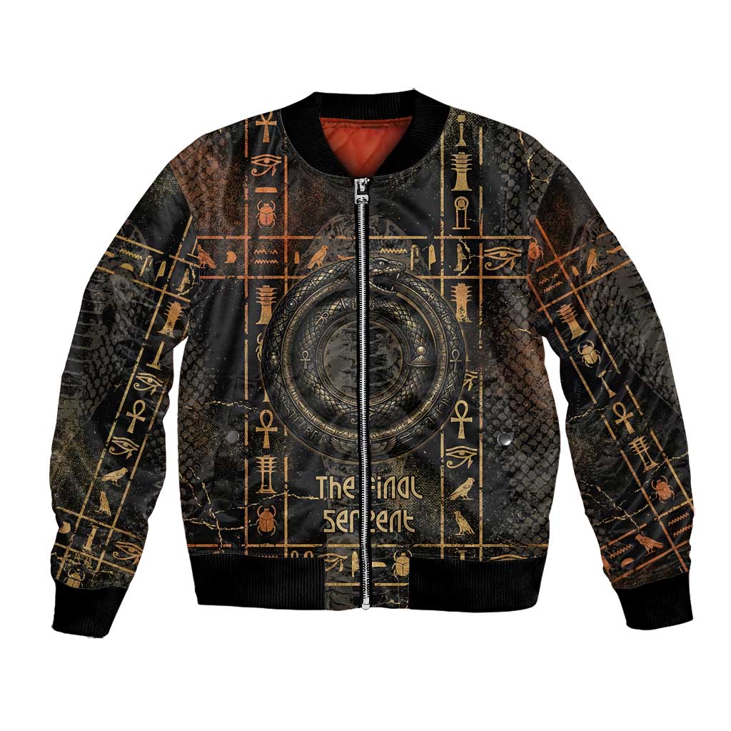Atum Ancient Egyptian Bomber Jacket with Dark Hieroglyph Grid, Ouroboros Serpent Ring and The Final Serpent - Wonder Print Shop