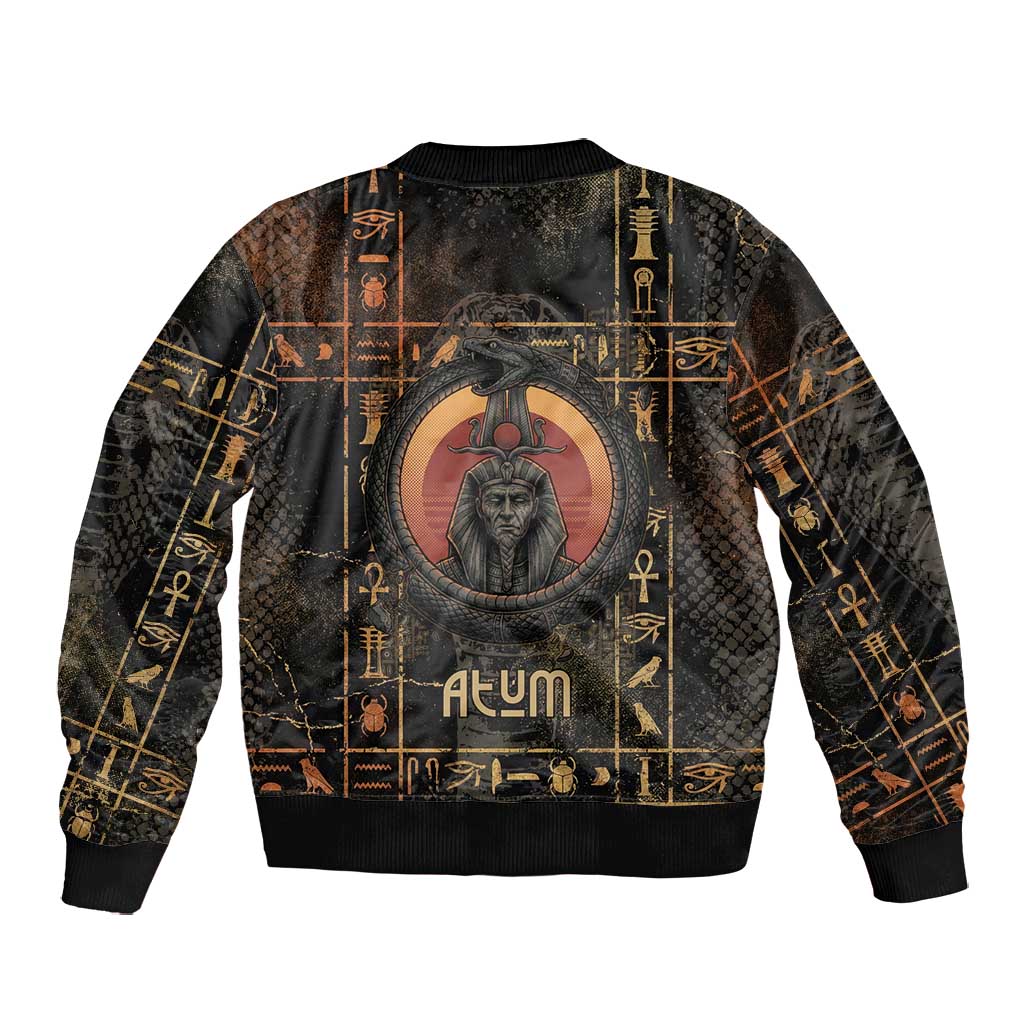 Atum Ancient Egyptian Bomber Jacket with Dark Hieroglyph Grid, Ouroboros Serpent Ring and The Final Serpent - Wonder Print Shop