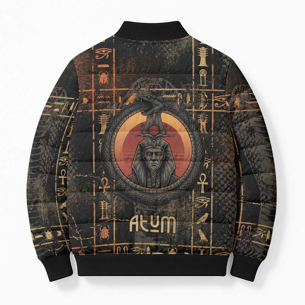 Atum Ancient Egyptian Bomber Puffer Jacket with Dark Hieroglyph Grid, Ouroboros Serpent Ring and The Final Serpent - Wonder Print Shop