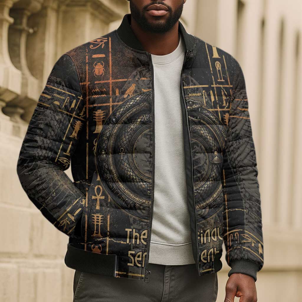 Atum Ancient Egyptian Bomber Puffer Jacket with Dark Hieroglyph Grid, Ouroboros Serpent Ring and The Final Serpent - Wonder Print Shop