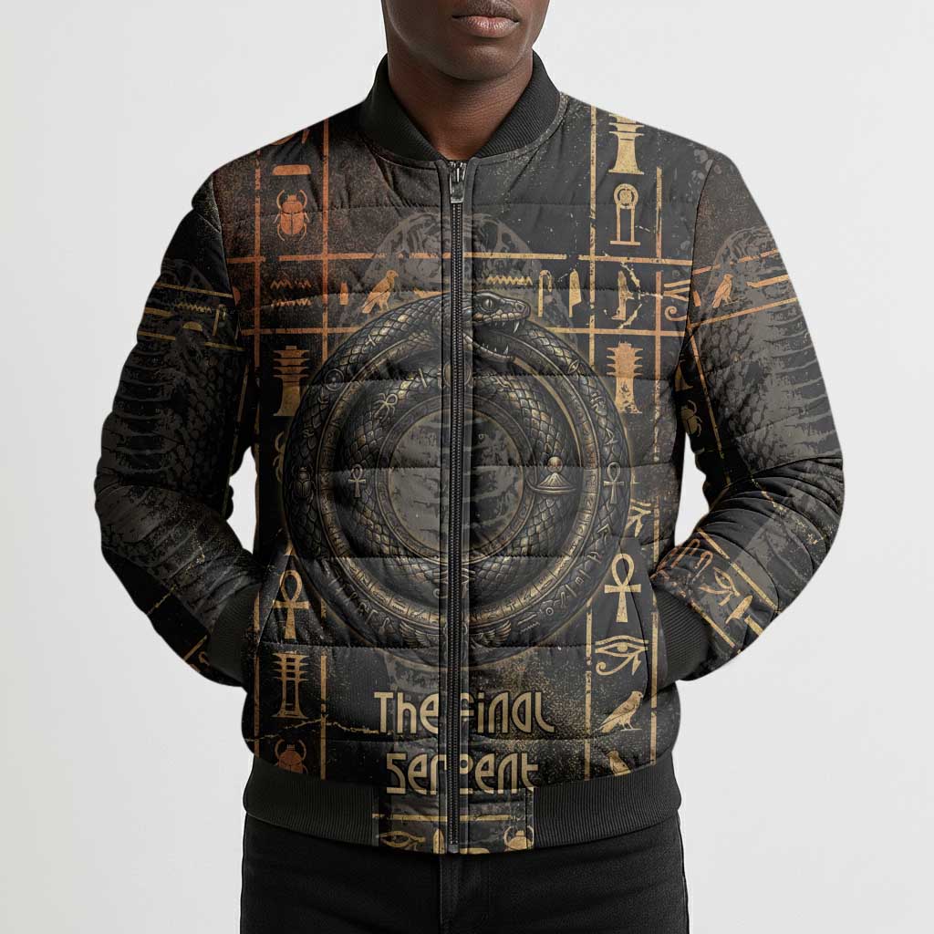 Atum Ancient Egyptian Bomber Puffer Jacket with Dark Hieroglyph Grid, Ouroboros Serpent Ring and The Final Serpent - Wonder Print Shop