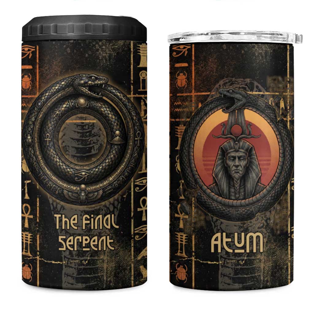 Atum Ancient Egyptian 4 in 1 Can Cooler Tumbler with Dark Hieroglyph Grid, Ouroboros Serpent Ring and The Final Serpent - Wonder Print Shop
