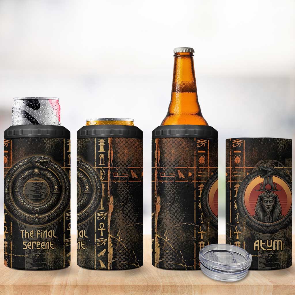 Atum Ancient Egyptian 4 in 1 Can Cooler Tumbler with Dark Hieroglyph Grid, Ouroboros Serpent Ring and The Final Serpent - Wonder Print Shop