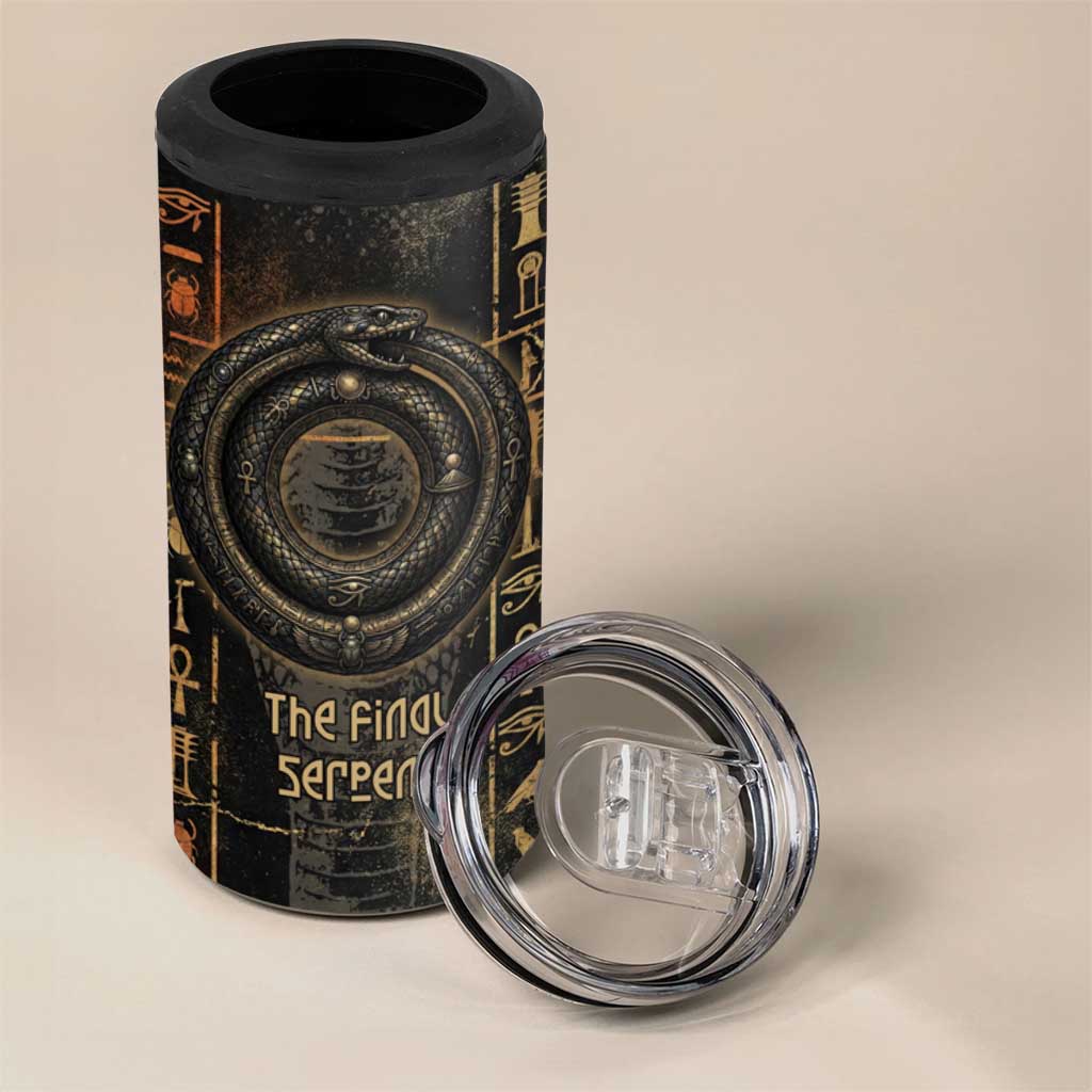 Atum Ancient Egyptian 4 in 1 Can Cooler Tumbler with Dark Hieroglyph Grid, Ouroboros Serpent Ring and The Final Serpent - Wonder Print Shop