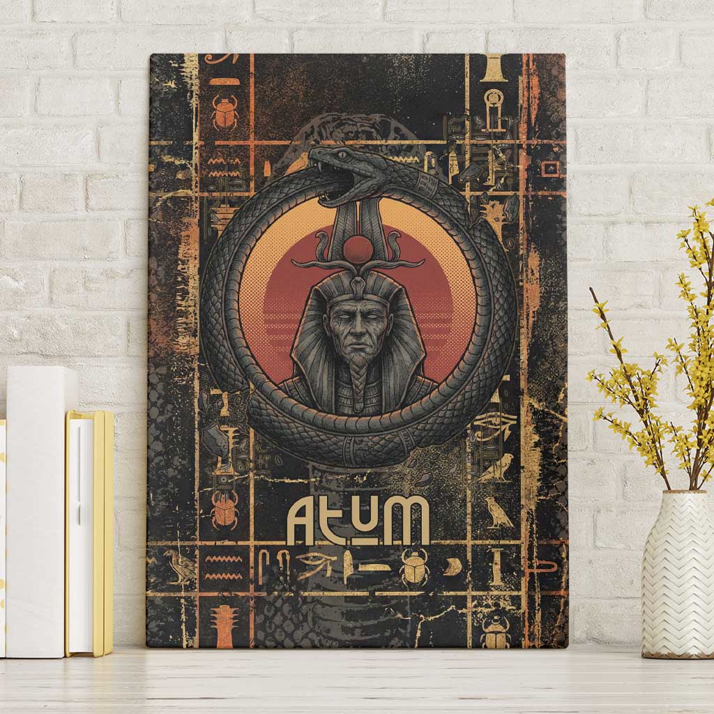 Atum Ancient Egyptian Canvas Wall Art with Dark Hieroglyph Grid, Ouroboros Serpent Ring and The Final Serpent - Wonder Print Shop