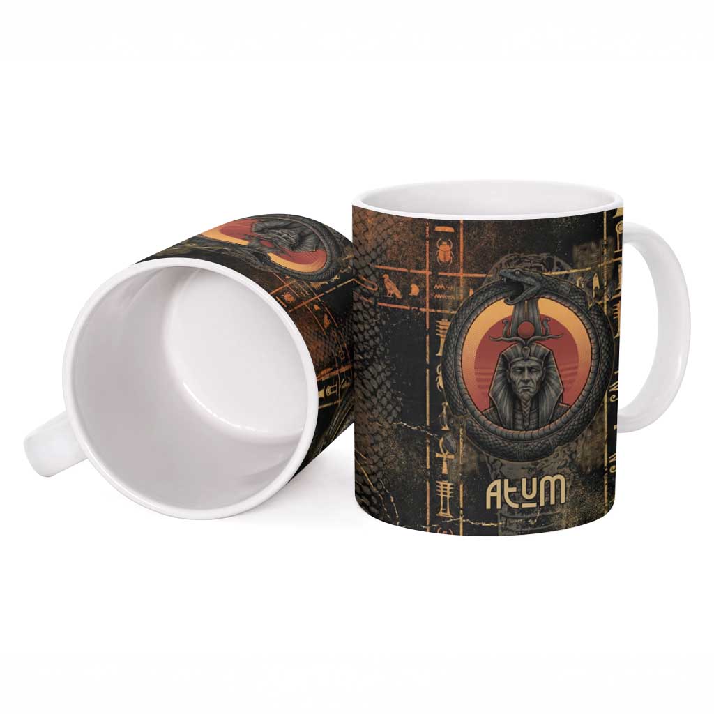 Atum Ancient Egyptian Ceramic Mug with Dark Hieroglyph Grid, Ouroboros Serpent Ring and The Final Serpent - Wonder Print Shop