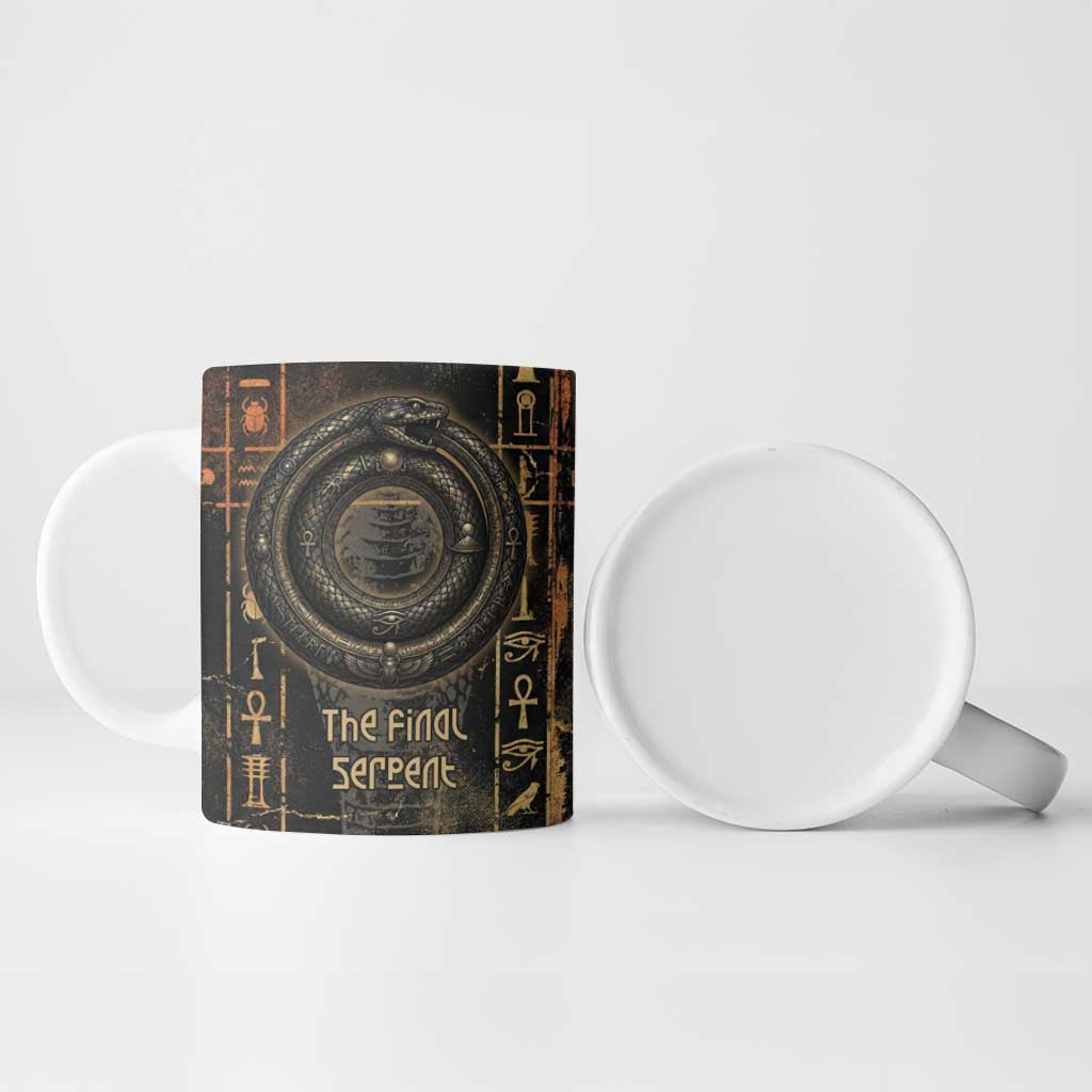 Atum Ancient Egyptian Ceramic Mug with Dark Hieroglyph Grid, Ouroboros Serpent Ring and The Final Serpent - Wonder Print Shop