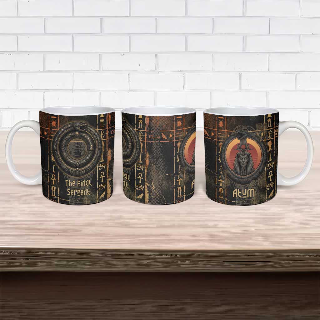 Atum Ancient Egyptian Ceramic Mug with Dark Hieroglyph Grid, Ouroboros Serpent Ring and The Final Serpent - Wonder Print Shop