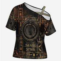 Atum Ancient Egyptian Cross Shoulder Shirt with Dark Hieroglyph Grid, Ouroboros Serpent Ring and The Final Serpent - Wonder Print Shop