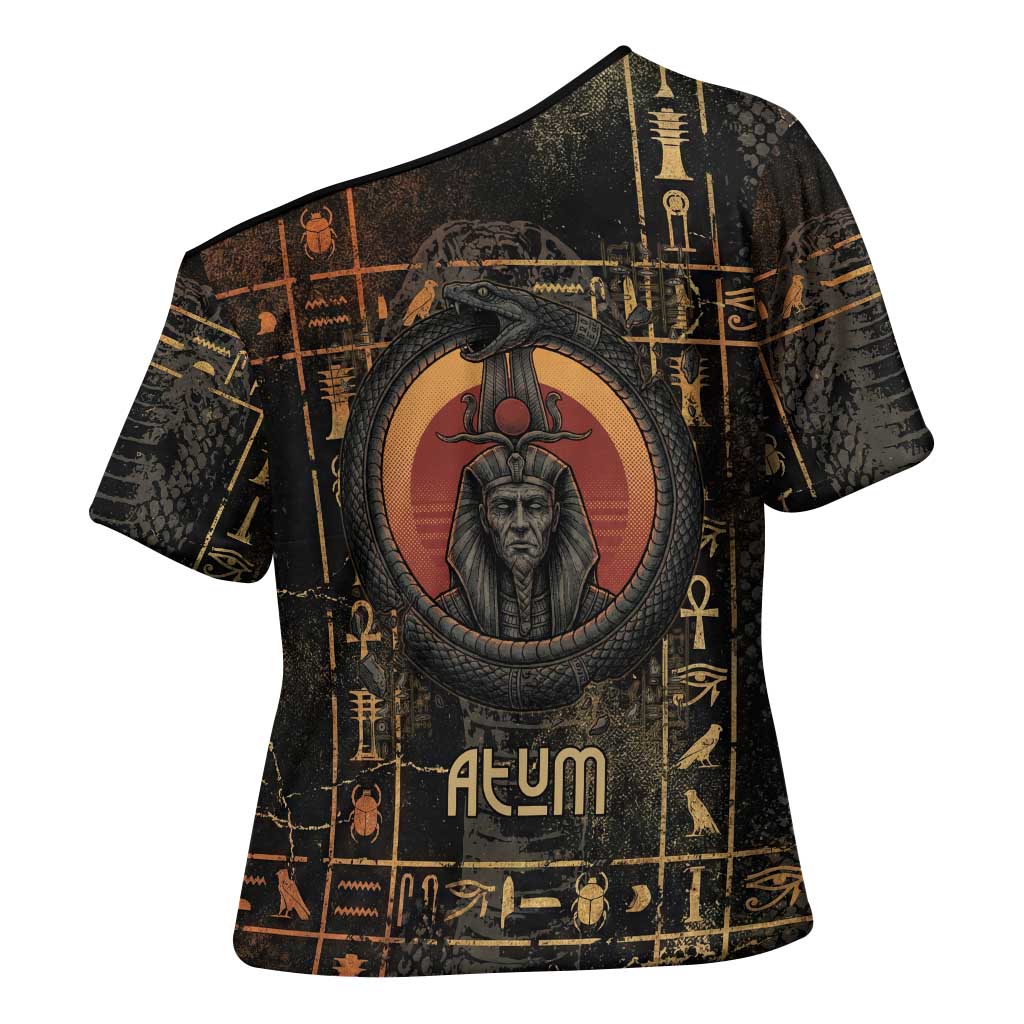 Atum Ancient Egyptian Cross Shoulder Shirt with Dark Hieroglyph Grid, Ouroboros Serpent Ring and The Final Serpent - Wonder Print Shop