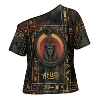 Atum Ancient Egyptian Cross Shoulder Shirt with Dark Hieroglyph Grid, Ouroboros Serpent Ring and The Final Serpent - Wonder Print Shop