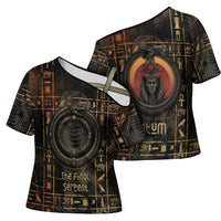 Atum Ancient Egyptian Cross Shoulder Shirt with Dark Hieroglyph Grid, Ouroboros Serpent Ring and The Final Serpent - Wonder Print Shop