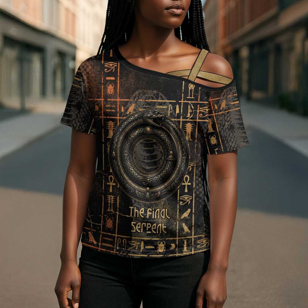 Atum Ancient Egyptian Cross Shoulder Shirt with Dark Hieroglyph Grid, Ouroboros Serpent Ring and The Final Serpent - Wonder Print Shop