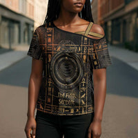Atum Ancient Egyptian Cross Shoulder Shirt with Dark Hieroglyph Grid, Ouroboros Serpent Ring and The Final Serpent - Wonder Print Shop