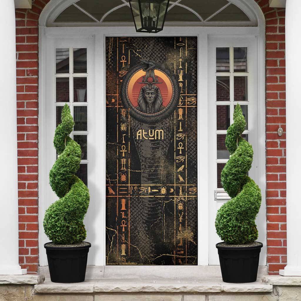 Atum Ancient Egyptian Door Cover with Dark Hieroglyph Grid, Ouroboros Serpent Ring and The Final Serpent - Wonder Print Shop