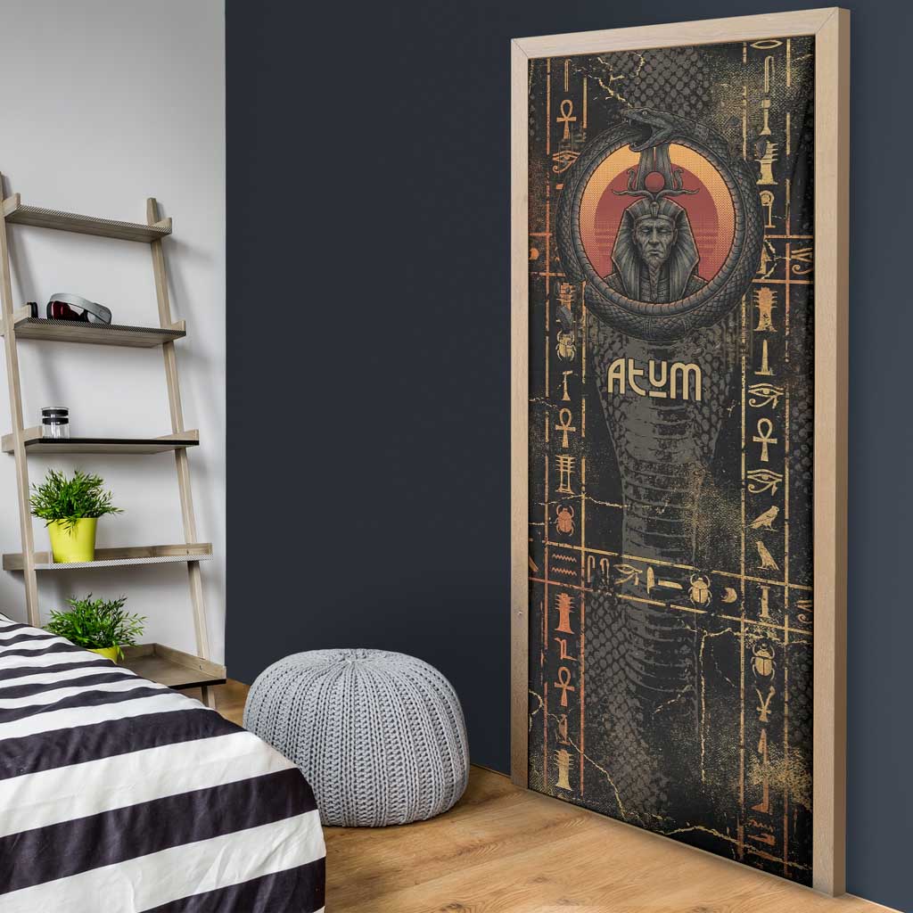 Atum Ancient Egyptian Door Cover with Dark Hieroglyph Grid, Ouroboros Serpent Ring and The Final Serpent - Wonder Print Shop