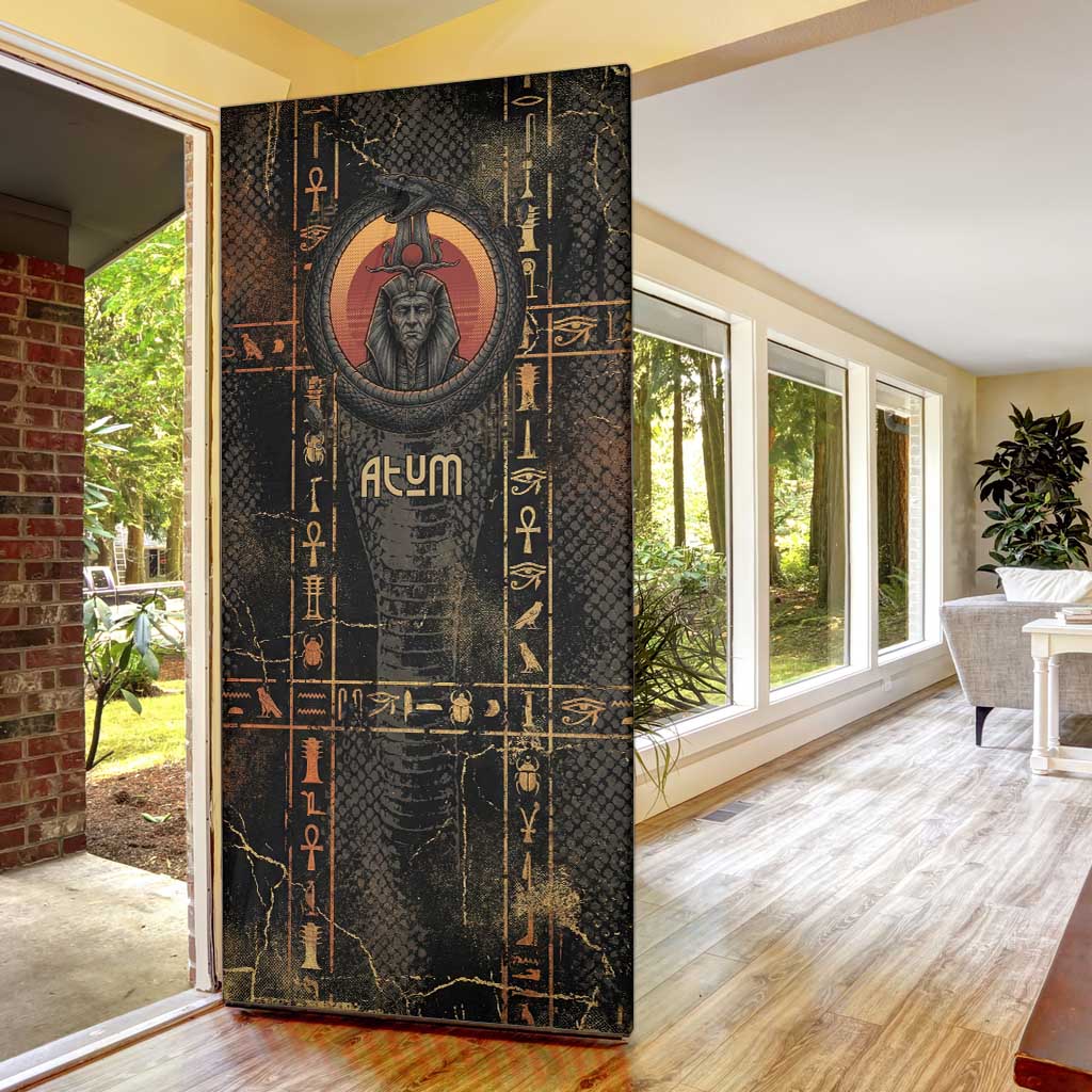 Atum Ancient Egyptian Door Cover with Dark Hieroglyph Grid, Ouroboros Serpent Ring and The Final Serpent - Wonder Print Shop