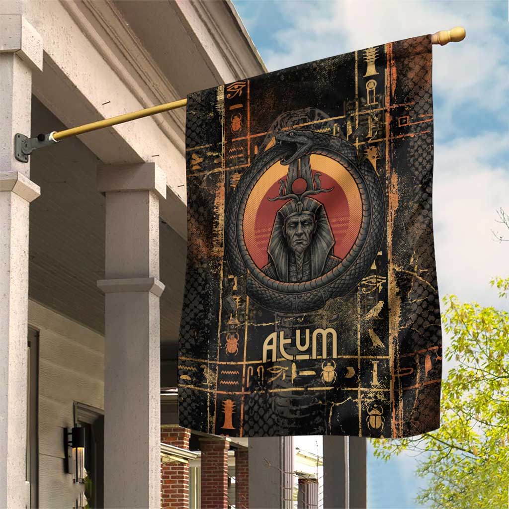 Atum Ancient Egyptian Garden Flag with Dark Hieroglyph Grid, Ouroboros Serpent Ring and The Final Serpent - Wonder Print Shop