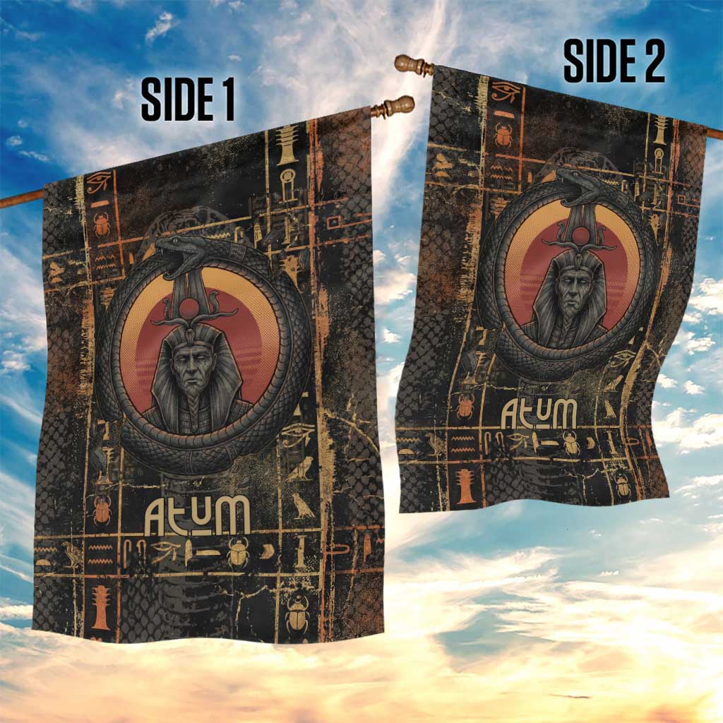 Atum Ancient Egyptian Garden Flag with Dark Hieroglyph Grid, Ouroboros Serpent Ring and The Final Serpent - Wonder Print Shop