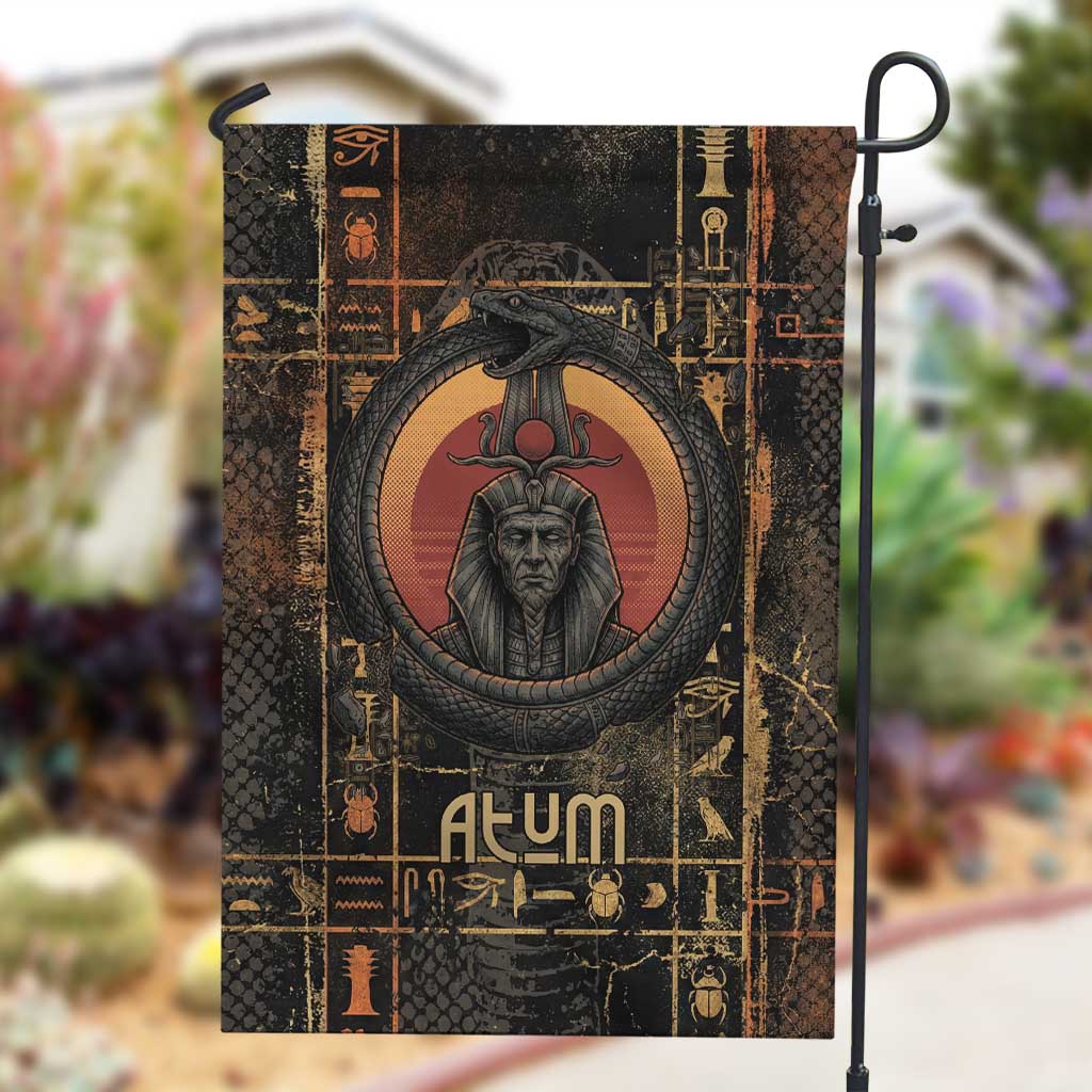 Atum Ancient Egyptian Garden Flag with Dark Hieroglyph Grid, Ouroboros Serpent Ring and The Final Serpent - Wonder Print Shop
