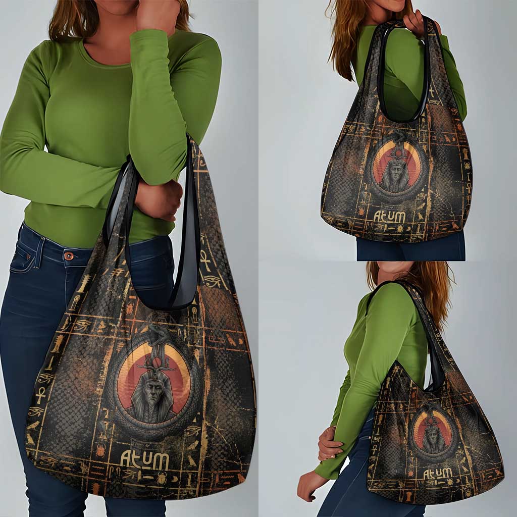 Atum Ancient Egyptian Grocery Bag with Dark Hieroglyph Grid, Ouroboros Serpent Ring and The Final Serpent - Wonder Print Shop