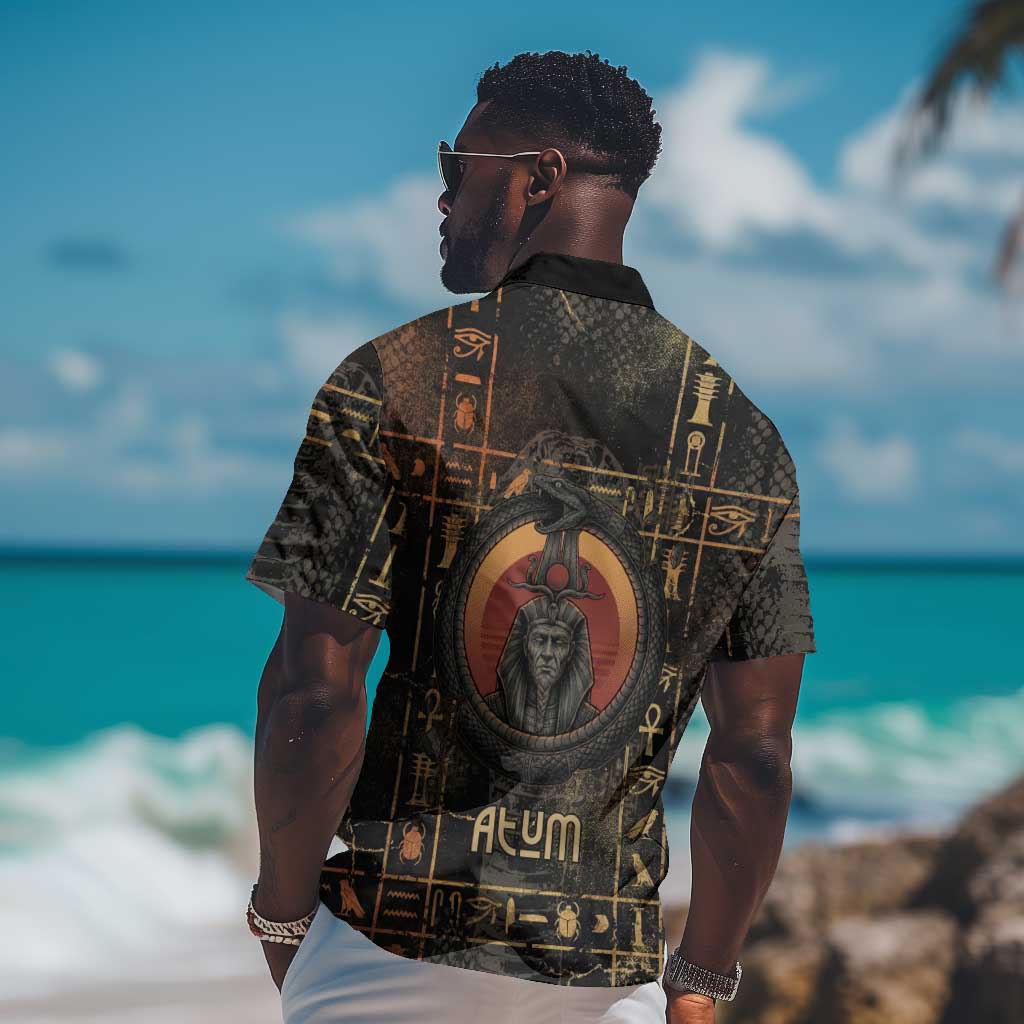 Atum Ancient Egyptian Hawaiian Shirt with Dark Hieroglyph Grid, Ouroboros Serpent Ring and The Final Serpent - Wonder Print Shop