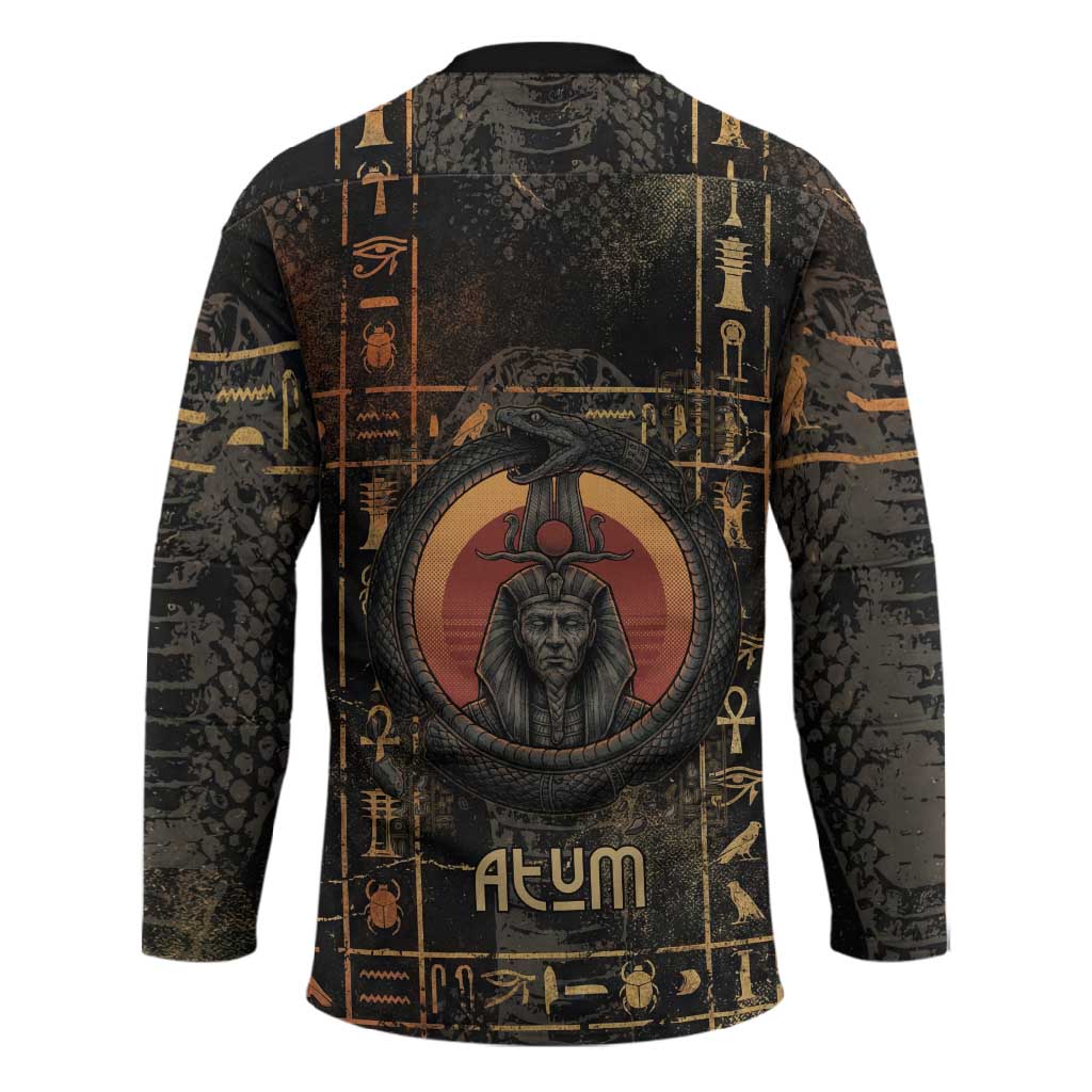 Atum Ancient Egyptian Hockey Jersey with Dark Hieroglyph Grid, Ouroboros Serpent Ring and The Final Serpent - Wonder Print Shop
