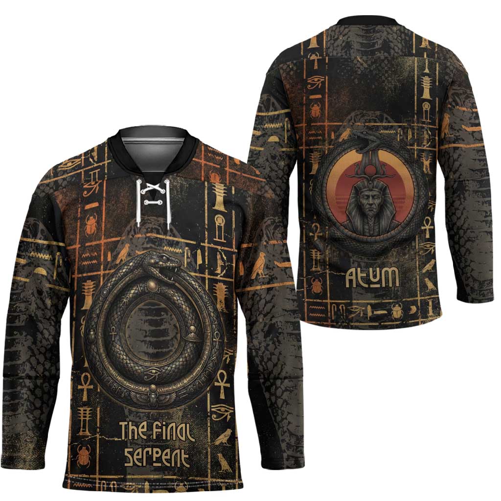 Atum Ancient Egyptian Hockey Jersey with Dark Hieroglyph Grid, Ouroboros Serpent Ring and The Final Serpent - Wonder Print Shop