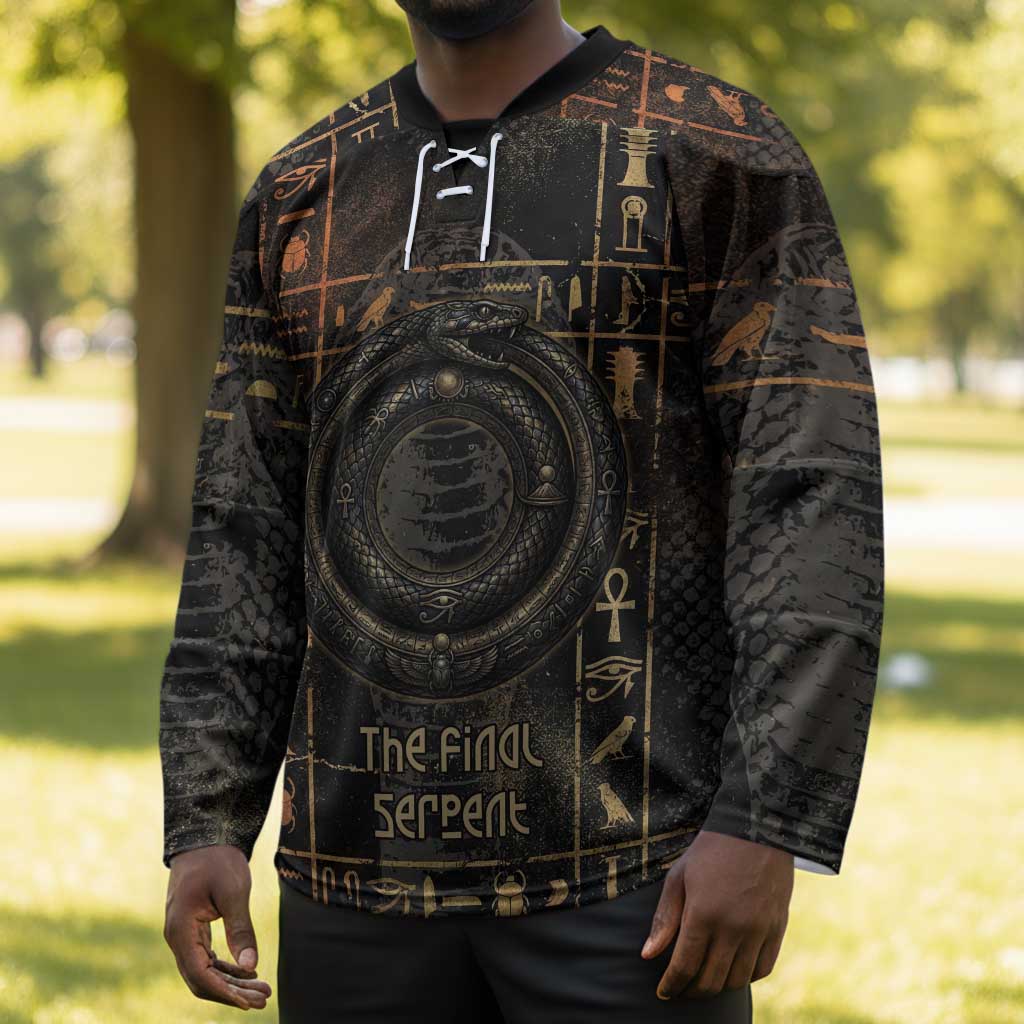 Atum Ancient Egyptian Hockey Jersey with Dark Hieroglyph Grid, Ouroboros Serpent Ring and The Final Serpent - Wonder Print Shop