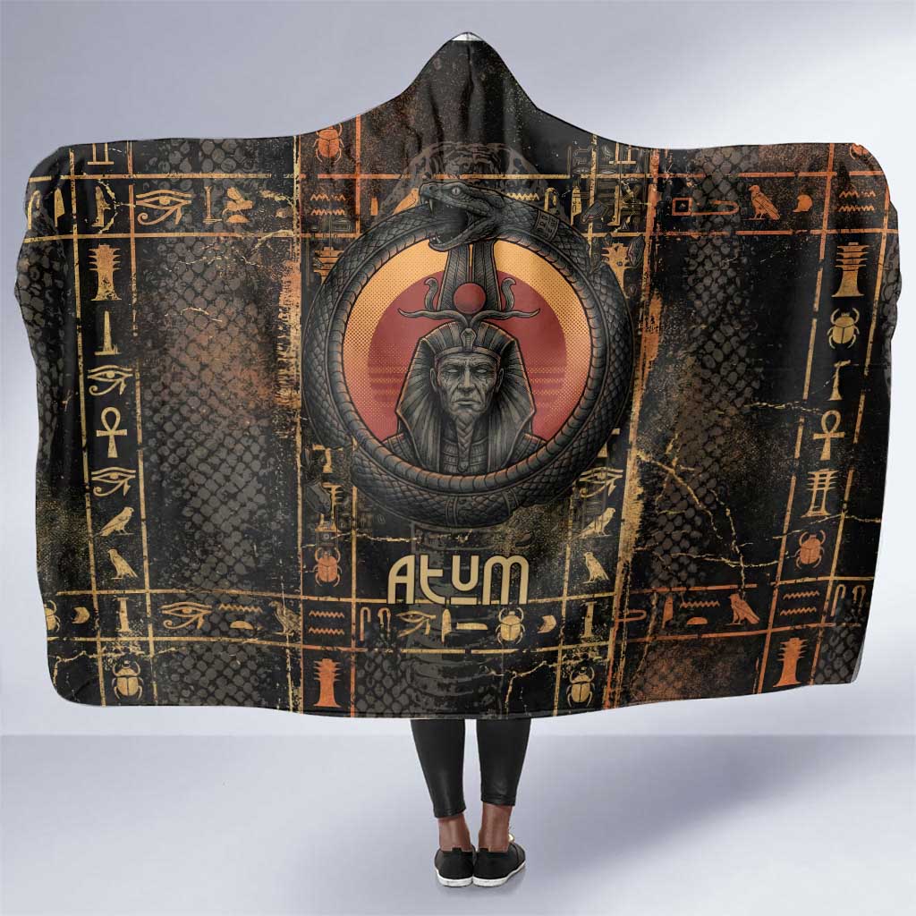Atum Ancient Egyptian Hooded Blanket with Dark Hieroglyph Grid, Ouroboros Serpent Ring and The Final Serpent - Wonder Print Shop