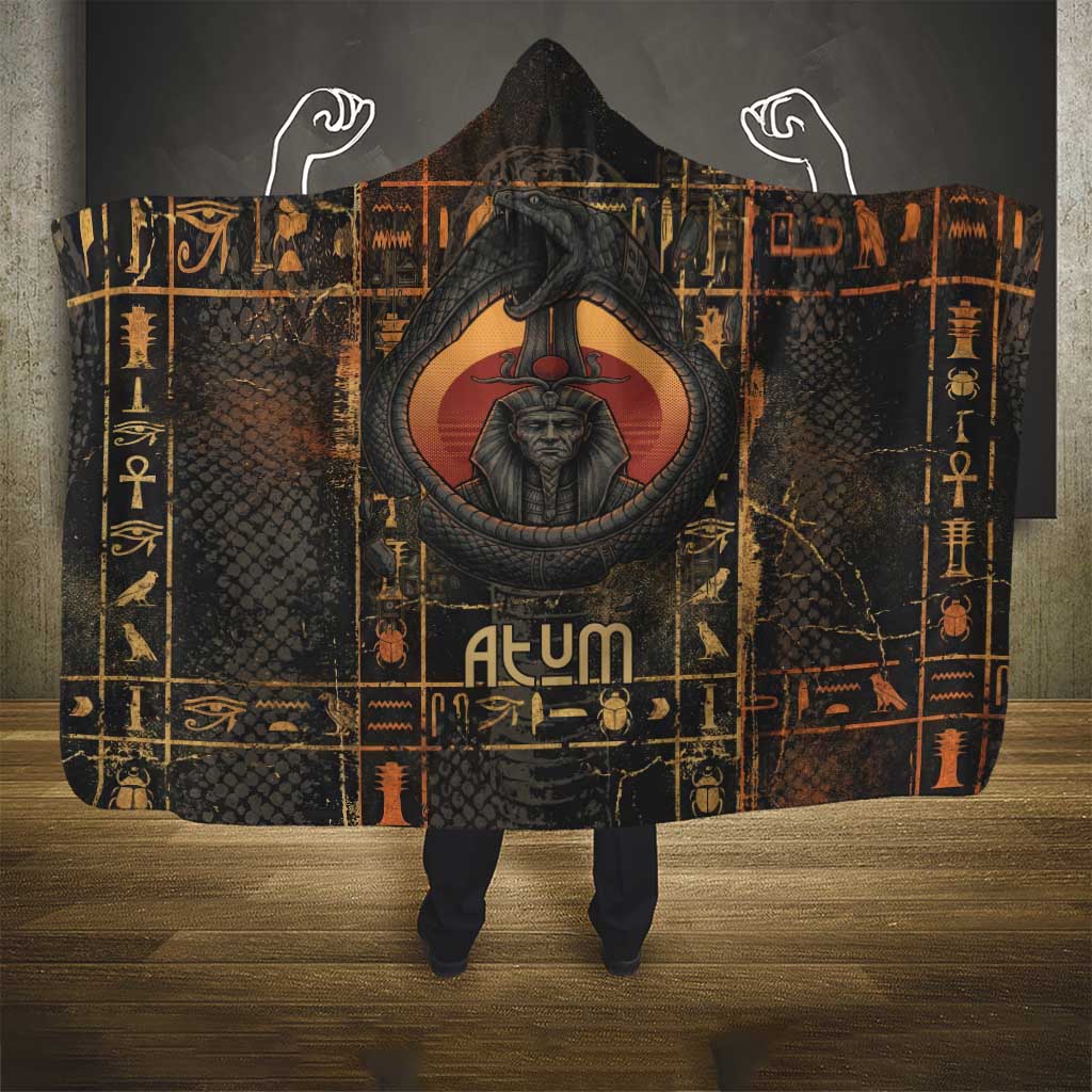 Atum Ancient Egyptian Hooded Blanket with Dark Hieroglyph Grid, Ouroboros Serpent Ring and The Final Serpent - Wonder Print Shop