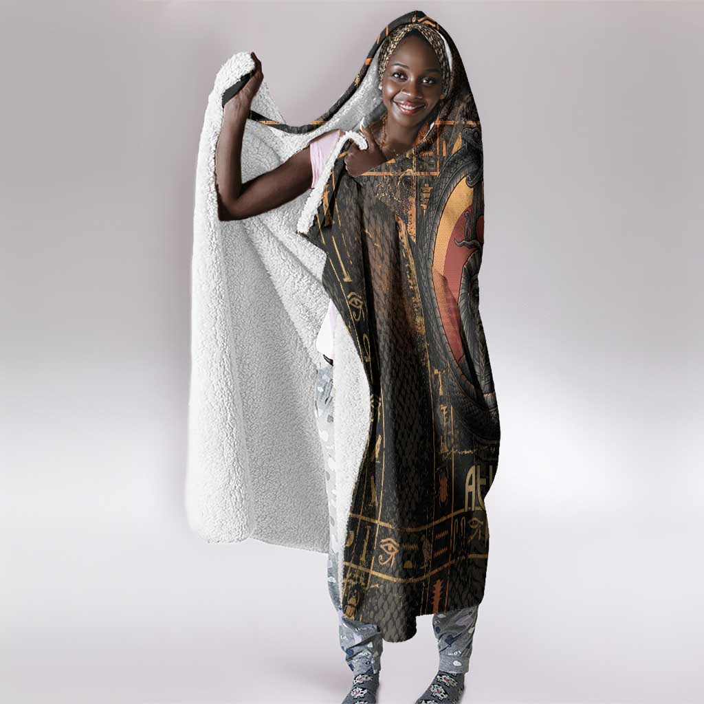 Atum Ancient Egyptian Hooded Blanket with Dark Hieroglyph Grid, Ouroboros Serpent Ring and The Final Serpent - Wonder Print Shop