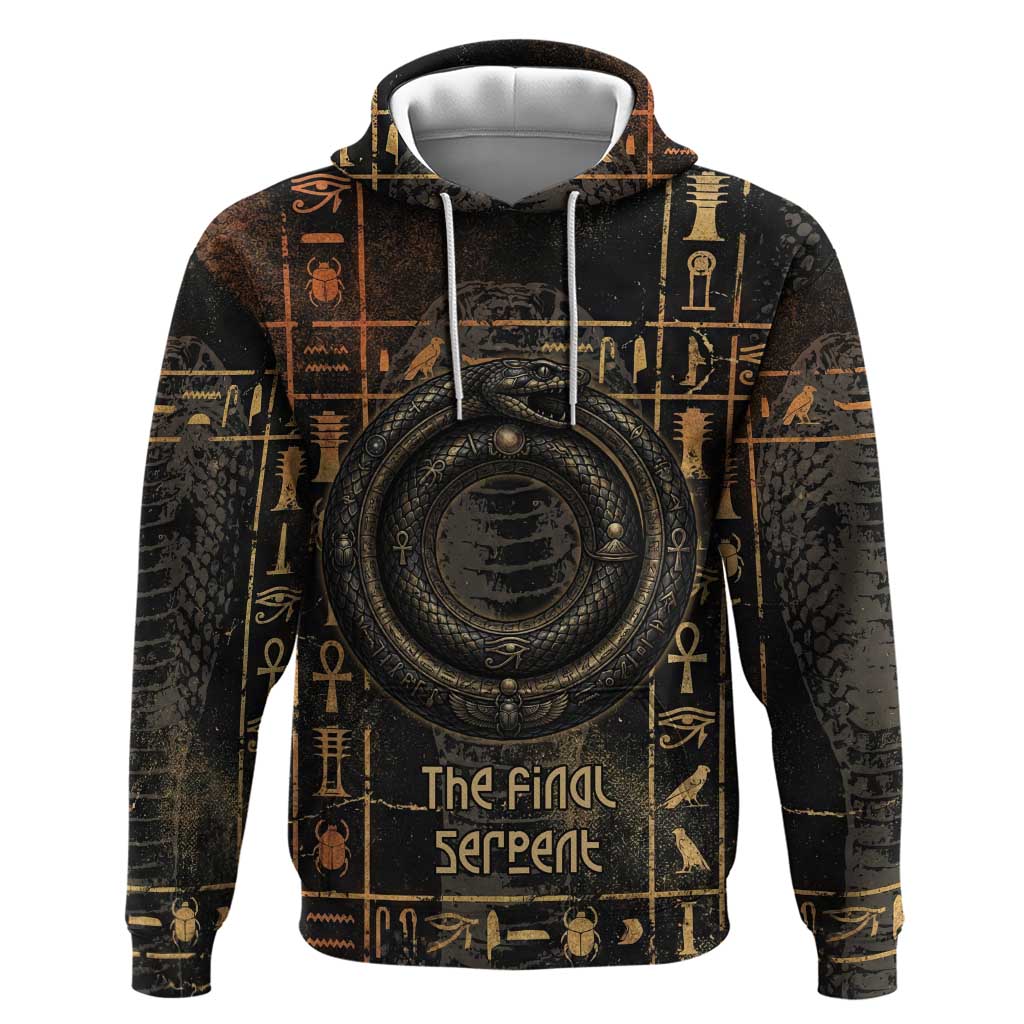 Atum Ancient Egyptian Hoodie with Dark Hieroglyph Grid, Ouroboros Serpent Ring and The Final Serpent - Wonder Print Shop