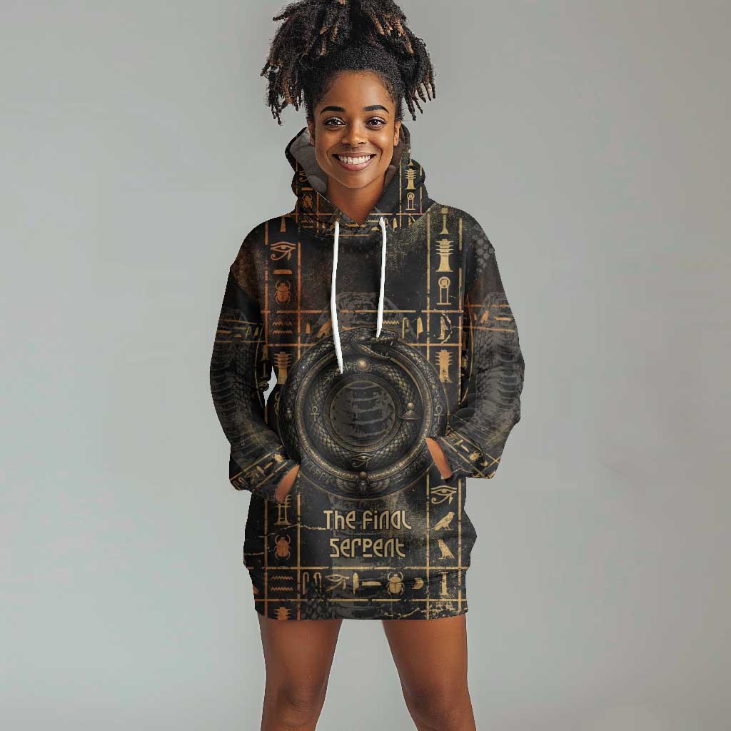 Atum Ancient Egyptian Hoodie Dress with Dark Hieroglyph Grid, Ouroboros Serpent Ring and The Final Serpent - Wonder Print Shop