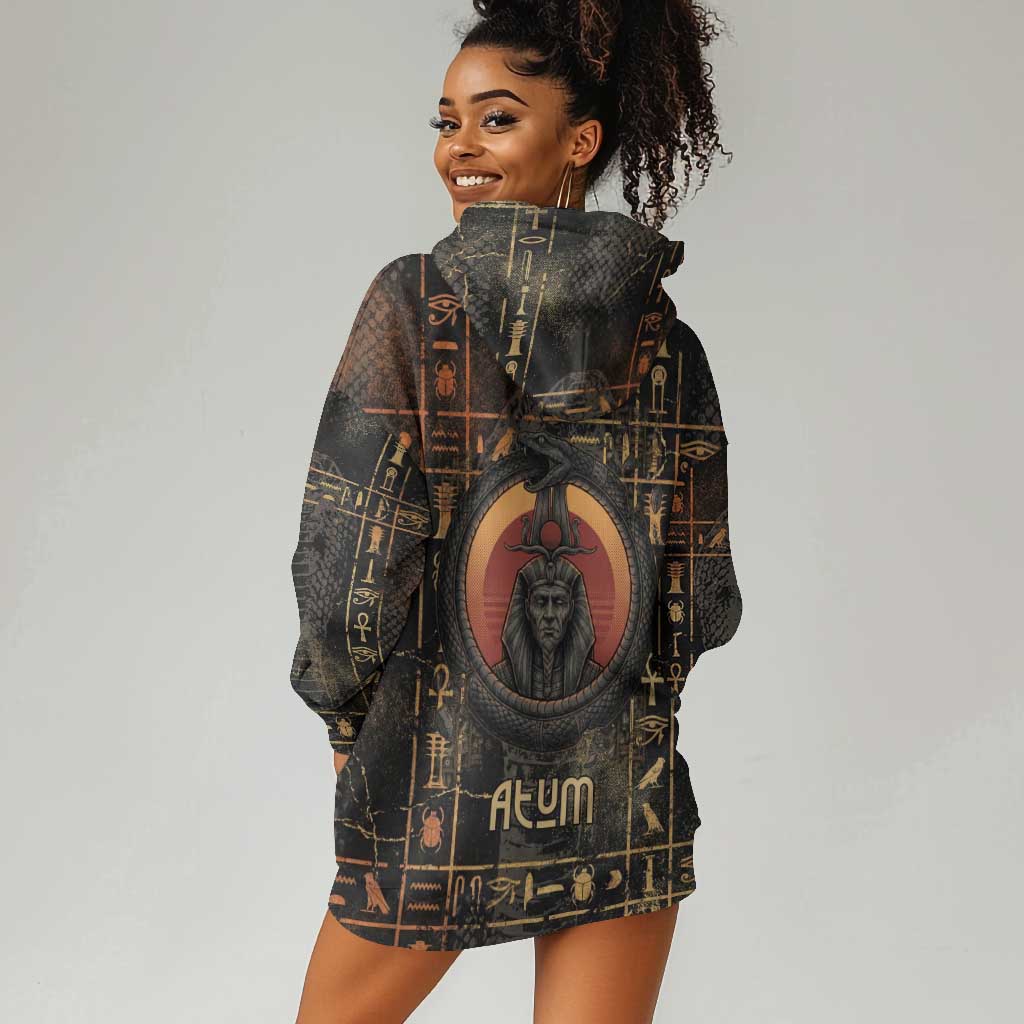 Atum Ancient Egyptian Hoodie Dress with Dark Hieroglyph Grid, Ouroboros Serpent Ring and The Final Serpent - Wonder Print Shop
